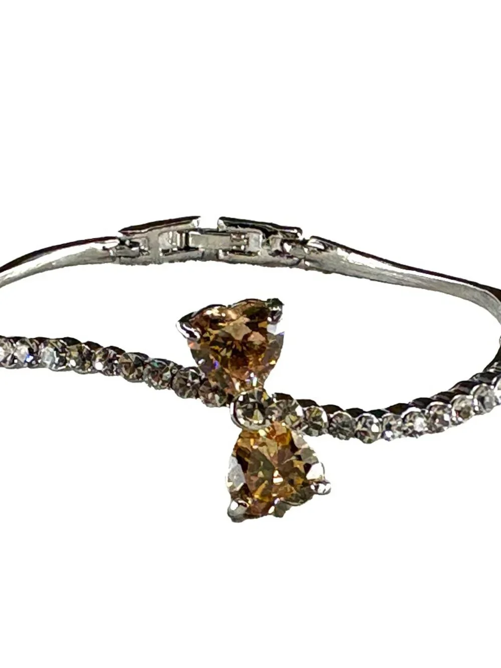 925 Silver Bow Knot Tennis Bracelet Champagne Crystal Rhinestone Bangle 7.5